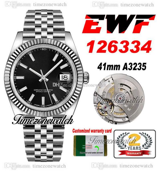EWF 41 126334 A3235 Montre automatique pour homme Lunette cannelée Cadran noir Marqueurs de bâton blanc Bracelet JubileeSteel avec la même carte de série Super Edition Timezonewatch F6