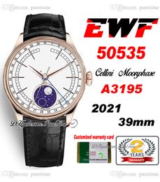 EWF Cellini Moonphase 50535 A3195 Reloj automático para hombre 39 mm Oro rosa Esfera blanca Cuero negro Meteorito real Super edición Misma serie Tarjeta de garantía Puretime A1