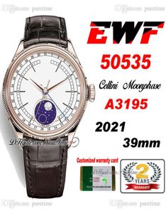 EWF CeLlini Moon Phase 50535 A3195 Automatic Mens Watch 39mm Rose Gol White Diad Real Meteorite Brown Leather Super Edition Sme S9360329