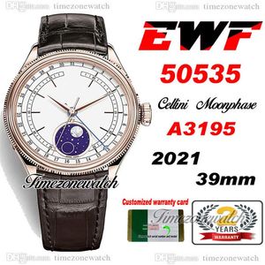 EWF Cellini Moonphase 50535 A3195 Montre Homme Automatique Or Rose Cadran Blanc Véritable Météorite Cuir Marron Super Edition Même Série256K