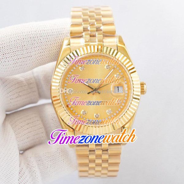 EWF Datejust 41 mm Miyota Reloj automático para hombre Marcadores de diamantes Esfera dorada Diamantes Bisel estriado interior Pulsera de oro amarillo de 18 quilates Relojes para caballero Reloj de zona horaria E408B (1)