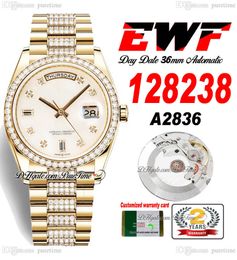 EWF Day Date 128238 A2836 Montre automatique unisexe pour hommes et femmes, cadran YG MOP, boîtier en diamants et bracelet présidentiel, même carte de série, Super édition Puretime b2