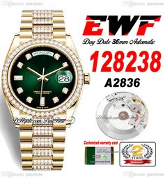 EWF Day Date 128238 A2836 Orologio automatico unisex Uomo Donna 36mm YG Quadrante verde Diamanti Cassa e bracciale presidenziale Stessa scheda seriale Super Edition Puretime F6