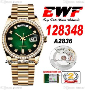 EWF Day Date 128348 A2836 Montre automatique unisexe pour hommes et femmes, lunette en diamants YG, cadran en diamant vert, bracelet présidentiel, même carte de série, Super édition Puretime A1