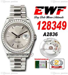 EWF Day Date 128349 A2836 Reloj automático unisex para hombre Señoras Diamantes Bisel Silver Stick Dial Pulsera presidencial Misma tarjeta de serie Super Edition Puretime C3