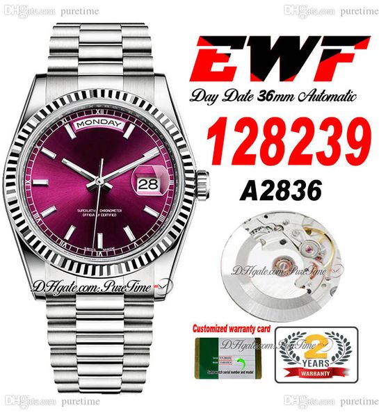 EWF Day Date 128239 A2836 Montre automatique unisexe pour homme et femme 36 mm Lunette cannelée Cadran bâton de cerise Bracelet présidentiel Même carte série Super Edition Puretime SS-H8