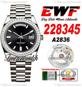 EWF DayDate 228345 A2836 Montre automatique pour homme Lunette en diamants Cadran noir Bâton de diamant Bracelet en acier OysterSteel Même carte de série Super Edition Timezonewatch B2