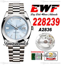 EWF DAYDATE 228398 A2836 Automatische heren Watch Polished Bezel Ice Blue Baguette Diamond Dial President Bracelet dezelfde seriële kaart Super Edition TimeZoneWatch H8
