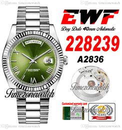 EWF Daydate 228398 A2836 Automatische heren Watch Flute Bezel Green Dial Silver Romeinse Markers President Bracelet Same Serial Card Super Edition TimeZonewatch C3