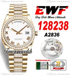 EWF Daydate 36mm 128235 A2836 Automatische heren Bekijk geel goud witte Romeinse wijzerplaat diamant oystersteel armband dezelfde seriële kaart super editie timeZoneWatch H8