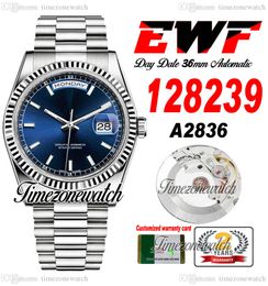 EWF DayDate 36 mm 128239 A2836 Montre automatique pour homme Eta D-Blue Dial Stick Markers OysterSteel Bracelet Même carte série Super Edition Timezonewatch G7