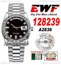 EWF Daydate 36mm 128239 A2836 Automatische heren Watch Eta Black Dial Diamonds Markers Oystersteel armband dezelfde seriële kaart super editie timeZoneWatch A1