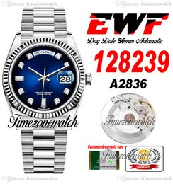 EWF Daydate 36mm 128239 A2836 Automatische heren Watch Eta D-Blue Dial Diamonds Markers OysterSteel Bracelet dezelfde seriële kaart Super Edition TimeZoneWatch F6