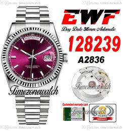 EWF Daydate 36mm 128239 A2836 Automatische heren Watch Eta Cherry Red Dial Stick Markers OysterSteel Bracelet dezelfde seriële kaart Super Edition TimeZoneWatch H8