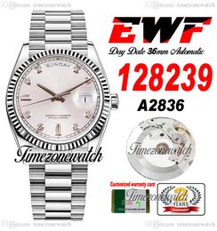 EWF Daydate 36mm 128239 A2836 Automatische heren Watch Eta Silver Dial Diamonds Markers OysterSteel Bracelet dezelfde seriële kaart Super Edition TimeZoneWatch B2