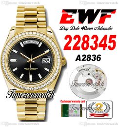 EWF DayDate 40 228345 A2836 Montre Homme Automatique Lunette Diamants Or Jaune Cadran Bâton Noir Bracelet OysterSteel Même Carte Série Super Edition Timezonewatch b2
