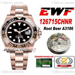 EWF GMT Root Beer A3186 Montre automatique pour homme 12671 Or rose Cola Noir Marron Céramique Lunette Cadran noir Acier 904L OysterSteel Bra352Q