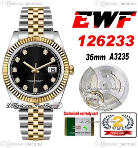 EWF slechts 126233 A3235 Automatische unisex Watch Mens Ladies 36 Twee toon geel goud Zwarte diamanten Dial Jubileesteel Bracelet Super Edition dezelfde serie kaart Puretime E5