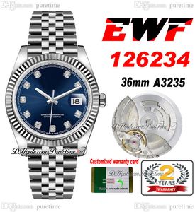 EWF slechts 126234 A3235 Automatische unisex horloge heren dames 36 mm gecanneleerde ringblauwe diamanten wijzerplaat Jubileesteel Bracelet Super Edition dezelfde serie kaart Puretime C3