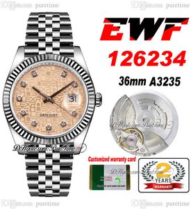 EWF Just 126234 A3235 Montre automatique unisexe pour homme et femme, lunette cannelée de 36 mm, logo rose, cadran diamants, bracelet en acier Jubilee, super édition, carte de la même série Puretime f6
