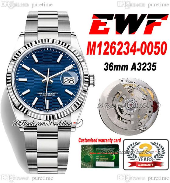 EWF Just 126234 A3235 Montre automatique unisexe pour homme et femme, 36 mm, cadran cannelé bleu vif, marqueurs de bâton, bracelet en acier OysterSteel, super édition, carte de la même série, Puretime C3