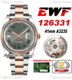 EWF Just 126331 A3235 Reloj automático para hombre 41 Bisel estriado Dos tonos Oro rosa Esfera gris Verde Roman OysterSteel Pulsera Super Edition Tarjeta de la misma serie Puretime A1