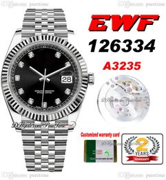 EWF seulement 126334 A3235 Automatic Mens Watch 41mm Flueted Bezel Black Diamonds Markers JubileSteel Bracelet Super Edition Free Same S￩rie Card PureTime D4