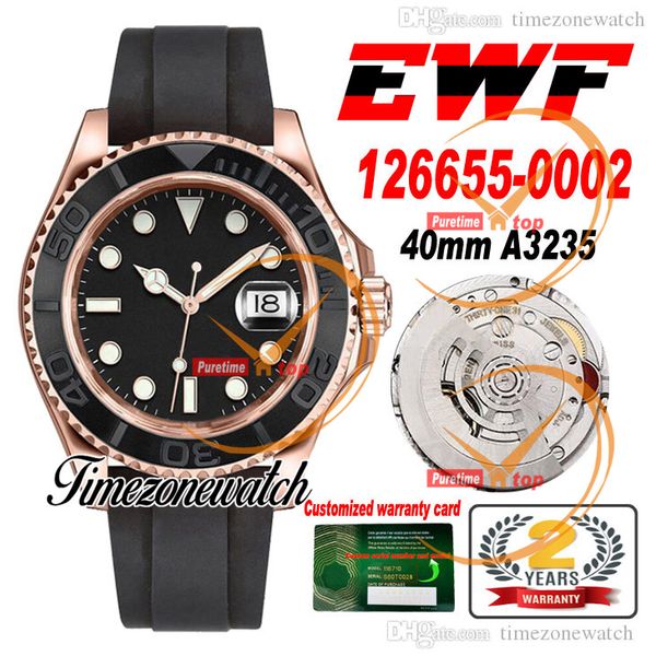 EWF V2 YM 40 mm 126625 A3235 Cal Reloj automático para hombre Esfera negra Bisel de cerámica Caja de oro rosa Correa de cuero Mejor versión Mismo número de serie Tarjeta de garantía Reloj de zona horaria