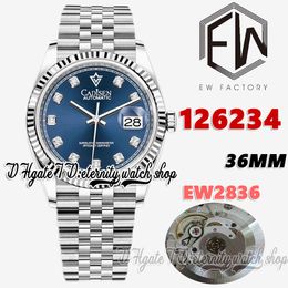EWF V3 EW126234 EW2836 Automatische heren Watch 36 mm Cannel -ring Blue Dial Diamond Markers 904L stalen armband met dezelfde seriële garantiekaart Eeuwigheid Woman Watches
