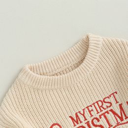 Ewodos Pasgeboren babymeisjes Kerst gebreide trui ronde nek beige lange mouw brief print pullover gebreide baby's trui
