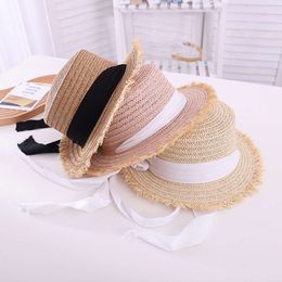 Ewodos Toddler Straw Wide Brim UV Protection Plat Top Cap avec bandage Beach Sun Hat For Kids Girls L2405