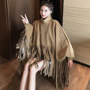 [EWQ] Herfst Spring Nieuwe Vrouwen Overjas Mode Streetwear Batwing Mouw Faux Mink Cashmere Plus Size Tassel Cloak Coat 210423