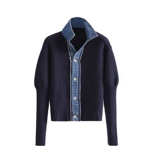 [EWQ] Otoño Mujeres sueltas Single Breasted Versátil Manga larga Patchwork Denim Top Punto Cardigan Suéter 8Q739 210806