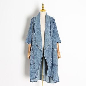 [EWQ] Femme Vêtements Pardessus Marée Vintage Denim Femmes Coupe-Vent Revers Col Demi Manches Taille Haute Trench-Coats Bleu 201015