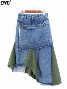 EWQ Jupe en jean irrégulier Personnalité d'été haute taille en vrac streetwear mi-longueur midi jupes y2k vêtements d'ourlet à volants 240420