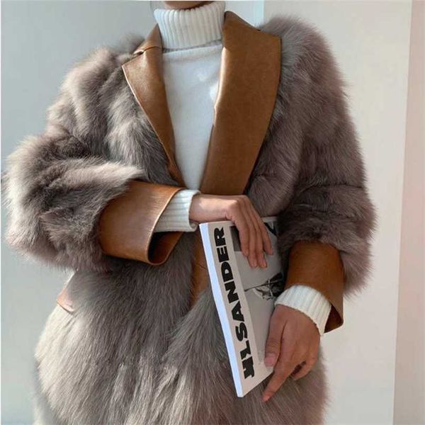 [EWQ] Corée Femmes Hiver Fausse Fourrure Manteau Épissé En Cuir Costume Col Veste Chaude Streetwear Pardessus Femme 16E35 211220