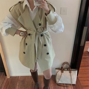 [EWQ] Shirt met lange mouwen Casual Double-Breasted Trench Coat Herfst Losse Dameskleding Windbreaker Chique Dames 2-delige Set 210927