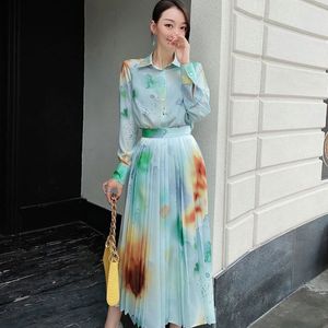 [EWQ] chemise imprimée plissée deux pièces mode tendance Style japonais Blouse cravate teinture jupe doux lâche vêtements décontractés été 210423