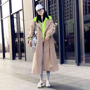 EWQ Spring Loose Oversize Ladies Long Trench Coat Khaki Mujeres Cortavientos Manga con capucha Tendencia Outwear 210510