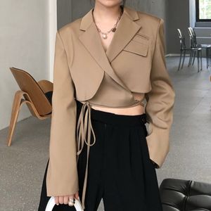 [EWQ] Printemps Nouvelles dames coréennes kaki blazer chic dentelle revers à manches longues costume manteau court manteaux à la mode femmes QB887 210423