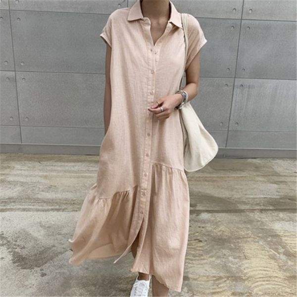 [EWQ] Spring Summer Casual Turn Down Collier Couleur Solide Couleur Simple Courtiers à manches courtes Volants Longue Robe de chemise longue 2f0476 210423