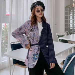 [EWQ] lente zoete vrouwen jas lange mouwen gestreepte stiksels blazer dames kantoor jas asymmetrische pak jassen past uitloper 210423