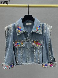 EWQ Tassel Rivet Colorful Diamond Denim Jacket Fashion Femmes Femmes Long Streetwear Outwears Vestes Coat Top Summer 240423