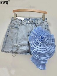 Color de contraste de mujer EWQ Color 3D 3D Wrap Hip Hip Mini Skirt Denim A-Line Medio faldas 2024 Spring Summer 16U8861 240420