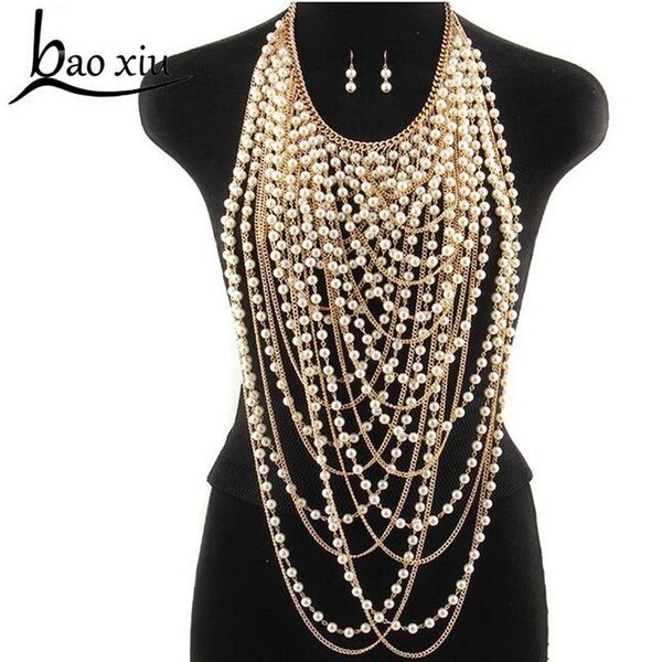 Collier avec pendentifs super longs en perles exagérées pour femmes, collier ras du cou en perles, bijoux de corps, chaîne d'épaule en or Y200918293N