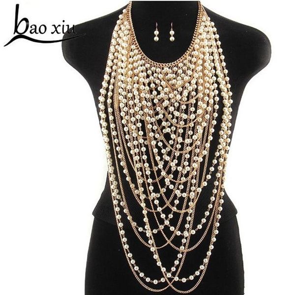 Collier avec pendentifs super longs en perles exagérées pour femmes, collier ras du cou en perles, bijoux de corps, chaîne d'épaule en or Y200918237k