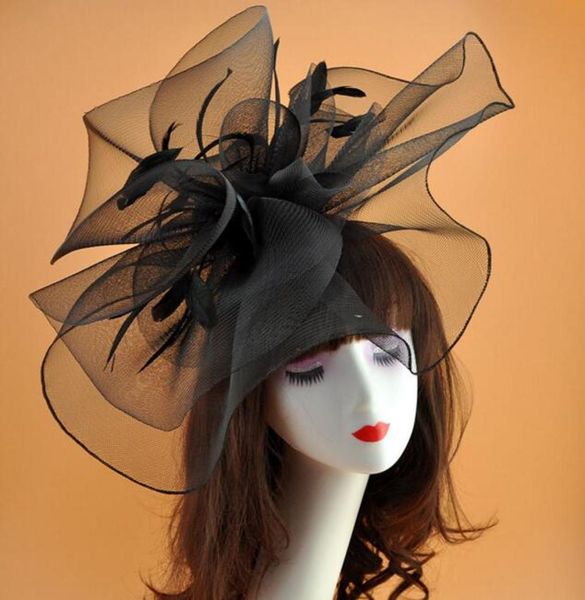 Exagérés de grands chapeaux de mariée Vintage Tulle Net Party Party avec plume étonnant noir formel grand chapeau 2356210