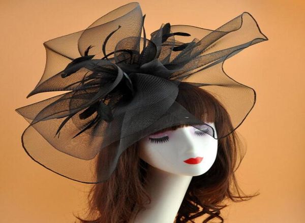 Grands chapeaux de mariée exagérés, chapeau de fête en filet de Tulle Vintage avec plume, superbe noir formel, grands chapeaux 8194299