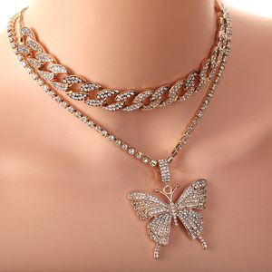 collier géométrique en diamant micro incrusté exagéré costume féminin chaîne cuba grand collier papillon