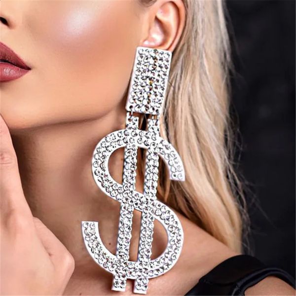 Pendentif signe de Dollar surdimensionné exagéré, boucles d'oreilles, bijoux de fête pour femmes, argent en cristal, suspendu, 240130